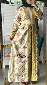 Luxurious Beige Diamond Embroidered Abaya with Golden Thread Details