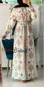 Stylish Off White and Colorful Georgette Diamond Embroidered Open Abaya Kaftan