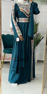 Gorgeous Turquoise Satin Dress With Colorful Embroidery and Slit Sleeves