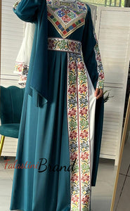 Gorgeous Turquoise Satin Dress With Colorful Embroidery and Slit Sleeves