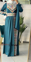 Gorgeous Turquoise Satin Dress With Colorful Embroidery and Slit Sleeves