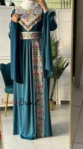 Gorgeous Turquoise Satin Dress With Colorful Embroidery and Slit Sleeves