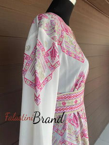 White And Pink Palestinian Embroidered Kaftan Dress