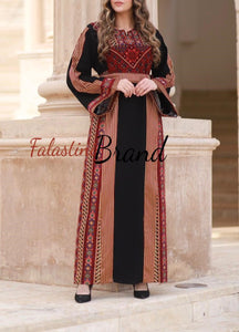 Modern Style Black and Red  Palestinian Thobe with Unique Embroidery and Kashmir Details