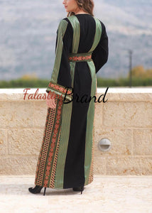 Modern Style Black and Green Palestinian Thobe with Unique Embroidery and Kashmir Details