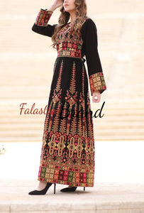 Unique Black Indian Style Thobe Dress with Palestinian Embroidery