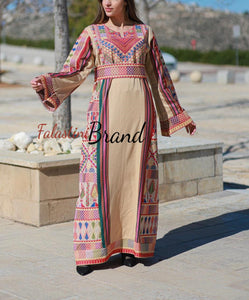 Trendy Beige Majdalawi Fabric Thob with Colorful Embroidery