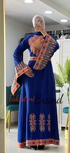 Stylish New Design Blue Embroidered Dress with Wide Embroidered Sleeves