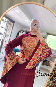 Stylish New Design Burgundy Embroidered Dress with Wide Embroidered Sleeves