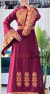 Stylish New Design Burgundy Embroidered Dress with Wide Embroidered Sleeves