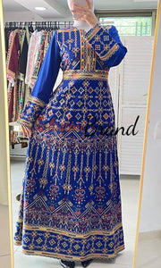 Unique Blue Indian Style Thobe Dress with Palestinian Embroidery