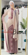 Beige Slim Cut Dress with Burgundy Embroidery and long Sleeves