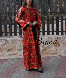 Traditional Black and Red Embroidered Thob with Malak Satin Sleeves Details