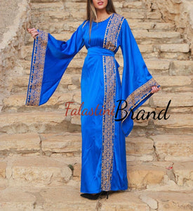 Blue Satin Abaya Dress with Golden Embroidery and Wide Sleeves