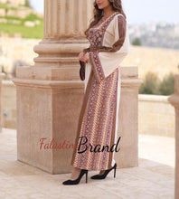 Modern Style Off White and Perry Palestinian Thobe with Unique Embroidery and Kashmir Details