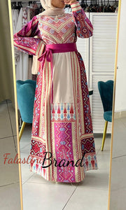 Very Luxurious Off White and Pink and Purple Thobe with Qasab and Satin Details