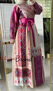 Very Luxurious Off White and Pink and Purple Thobe with Qasab and Satin Details