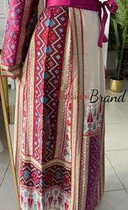 Very Luxurious Off White and Pink and Purple Thobe with Qasab and Satin Details