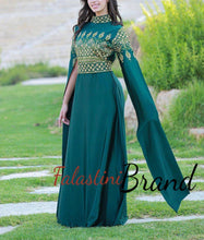 Green Satin Embroidered Dress with Yellowish Embroidery and Open Long Sleeves