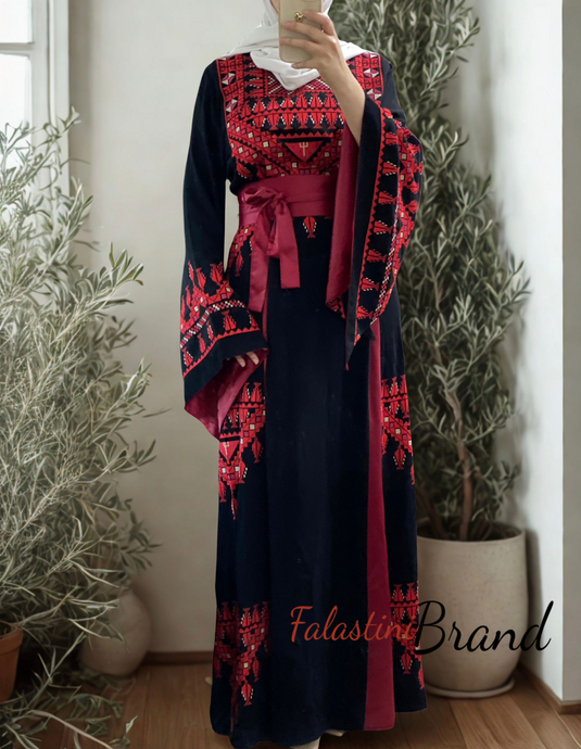 Black and Red Thob Dress with Satin Details