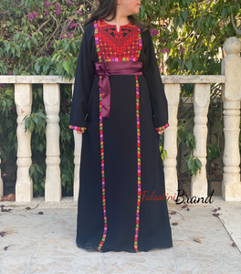 Little Girls Elegant Stylish Black Thob with Colorful Orooq Details and Satin Belt