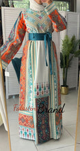 Very Luxurious White and Orange and Turquoise Thobe with Qasab and Satin Details