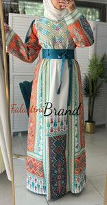 Very Luxurious White and Orange and Turquoise Thobe with Qasab and Satin Details