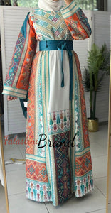 Very Luxurious White and Orange and Turquoise Thobe with Qasab and Satin Details