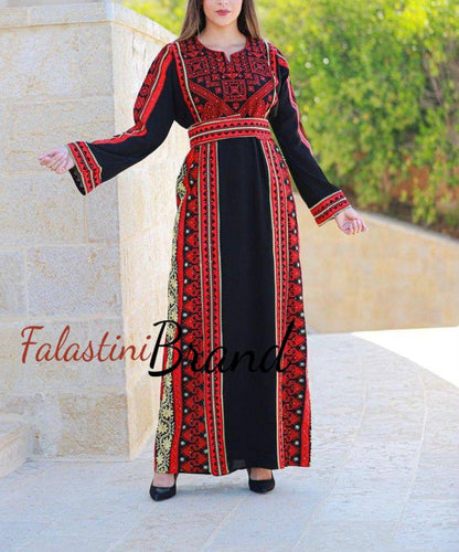 Traditional Unique Black and Red Embroidered Thob Golden Thread Details