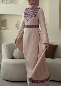 Elegant Cream Color Dress with Pinkish Embroidery and Detachable Back Skirt