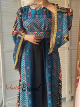 Very Elegant Wide Sleeves Black and Blue Embroidered Thob with Malak and Golden Details and Head Scarf