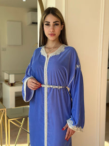 Blue Velvet Caftan Handcrafted with Al-Muallem Embroidery