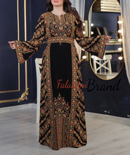 Amazing Black & Golden Palestinian Embroidered Thobe Dress With Astonishing Embroidery