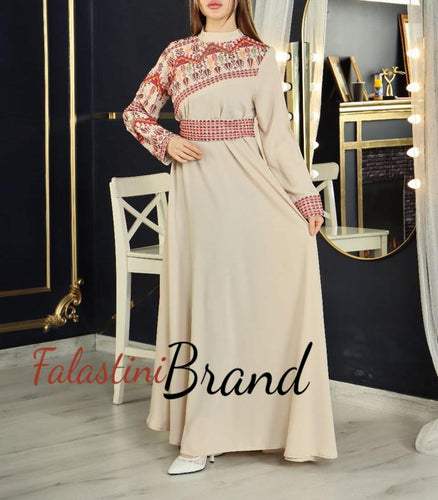 Stylish Beige Shoulder Details Embroidered Dress