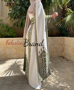 Stunning White And Olive Green Royal Sleeve Palestinian Embroidered Dress