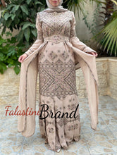 Stylish Mermaid Beige Palestinian Embroidered Dress with Skirt Side Details