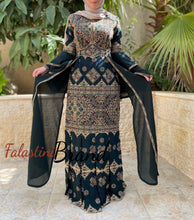 Stylish Mermaid Dark Green Palestinian Embroidered Dress with Skirt Side Details