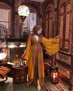 Mustard Georgette Embroidered Open Abaya Kaftan Maxi Dress Long Split Sleeve