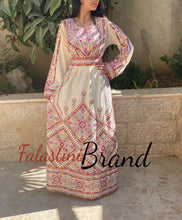 Manajil Off-White Palestinian Embroidered Floral Thobe Dress Palestinian Embroidery