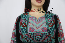 Gorgeous Black and Green Full Details Palestinian Embroidered Dress With Satin