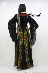 Stylish Layered Dark Green and Red Embroidered Tobe Dress With Lace Details