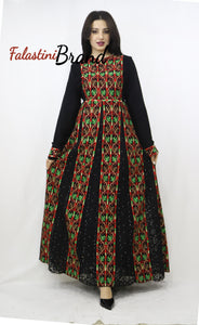 Stylish Layered Red And Green Embroidered Tobe Dress With Lace Details