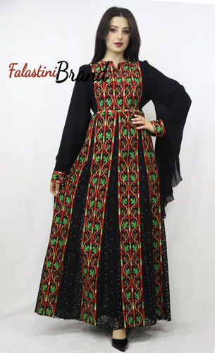 Stylish Layered Red And Green Embroidered Tobe Dress With Lace Details