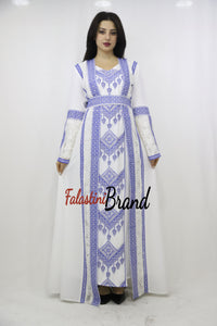 Two Pieces Amazing White And blue Palestinian Embroidered Dress