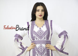 Two Pieces Amazing White And purple Palestinian Embroidered Dress