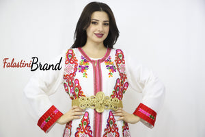 2 Pieces White Kaftan Dress with Red Embroidery