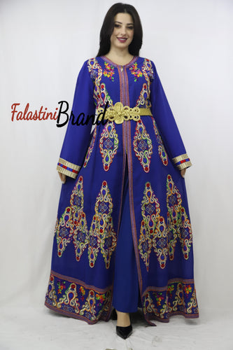 2 Pieces Blue Kaftan Dress with Multicolored Embroidery