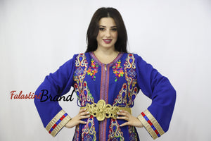 2 Pieces Blue Kaftan Dress with Multicolored Embroidery