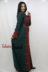 Amazing 2 Pieces Green and Red Palestinian Embroidered Open Abaya