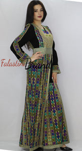 Charming Palestinian Embroidered Golden Green Thobe Dress Palestinian Embroidery